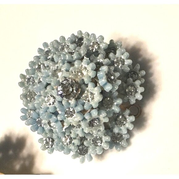 MCM CLUSTER FLORAL BLUE RHINESTONE & LUCITE PLASTIC BEAD DOMED CLIP ON EARRINGS - Picture 5 of 8